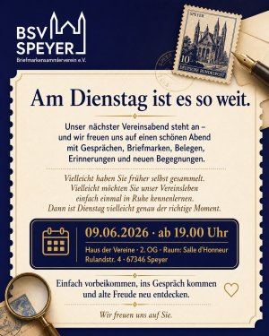 Am Dienstag ist es so weit.

Unser nächster Vereinsabend des Briefmarkensammlerverein e.V. Speyer steht an – und wir freuen uns auf einen schönen Abe…