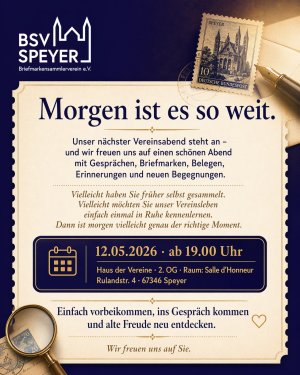 Morgen ist es so weit.

Unser nächster Vereinsabend steht an.
Ein Abend für Gespräche, Briefmarken, Belege, Erinnerungen und neue Begegnungen.

Viell…