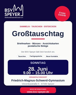 Nur noch 1 Woche bis zu unserem Großtauschtag in Speyer

Am Sonntag, 28. Juni, lädt der BSV Speyer herzlich zum Großtauschtag ein.

Ob Briefmarken, M…