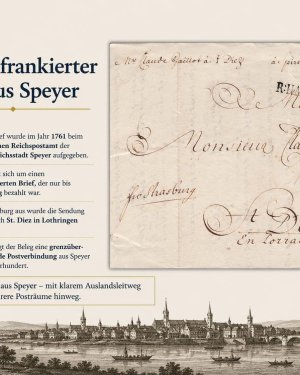 Ein teilfrankierter Brief aus Speyer von 1761

Dieser Brief lief von Speyer über Rheinhausen und Straßburg weiter nach St. Diez in Lothringen.

Beson…