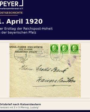 1920 war auch postalisch ein Umbruchjahr.

Mit dem 1. April 1920 endete der bayerische Sonderstatus in der Post. Unsere Slides zeigen Belege aus gena…